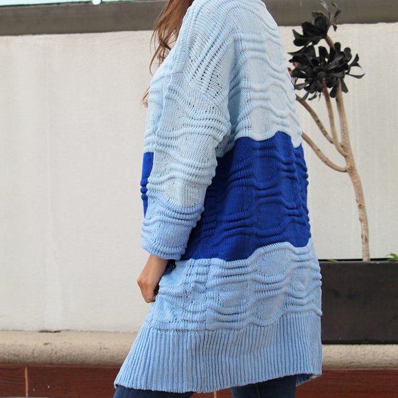 Sky Blue Color Block Drop Shoulder Open Front Knitted Sweater - Picture 10 of 11